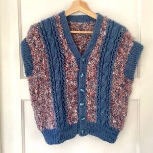 Vintage Hand Knit Button Down Vest Boucle Size S Purple Blue Cabled Boxy 80s